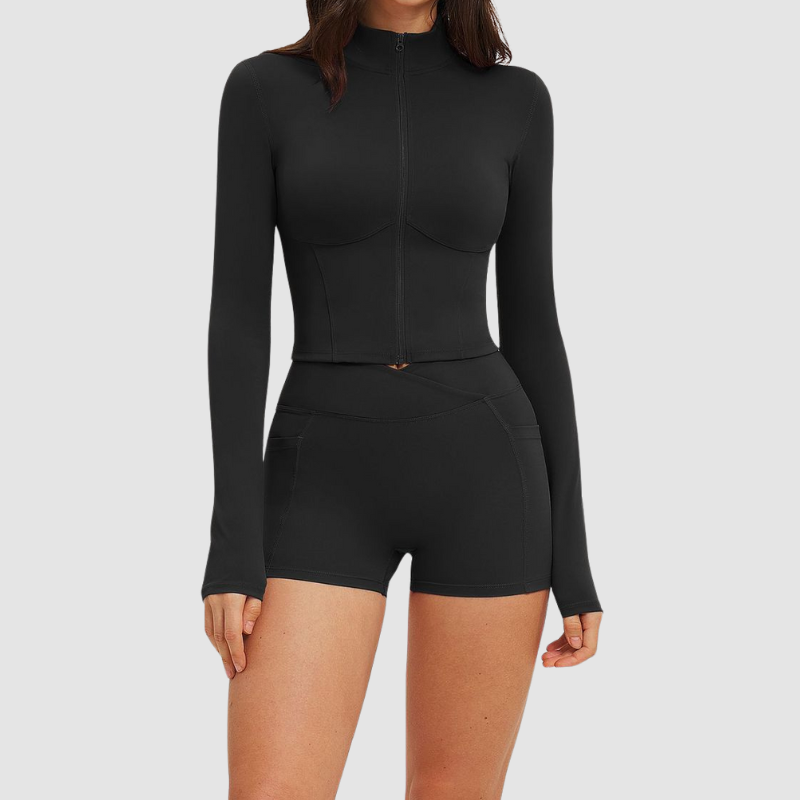 Wholesale stand-collar zippered jacket + high-waisted tight shorts