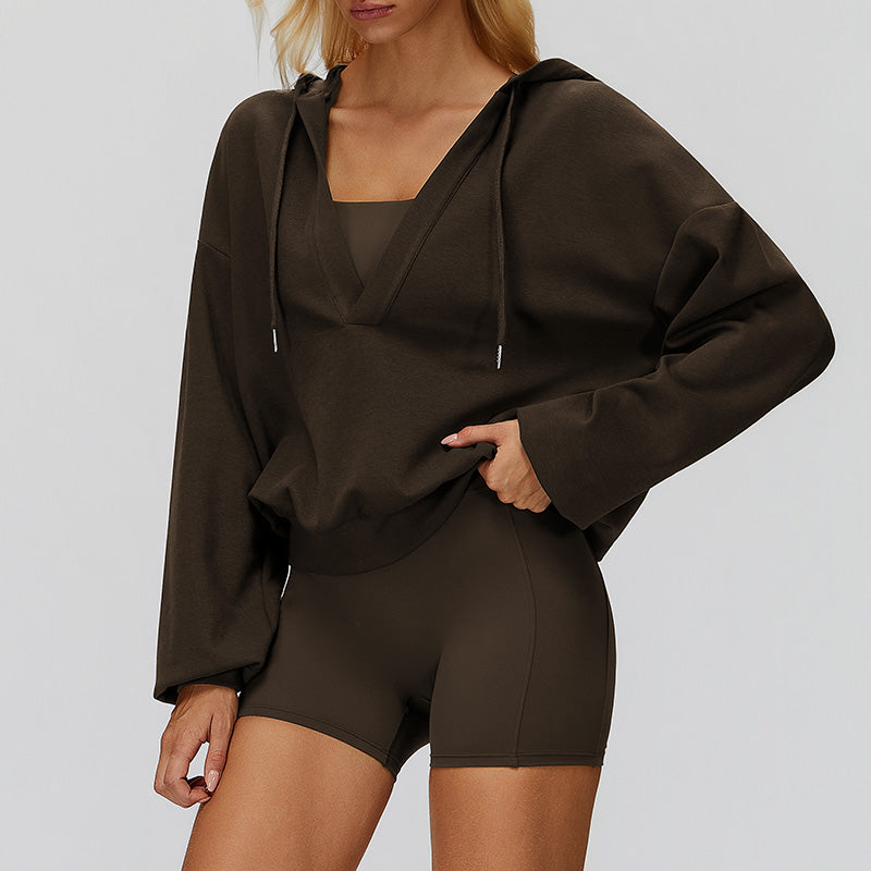 V-neck large hooded jacket+Sports tank top+High waisted shorts 3-piece set
