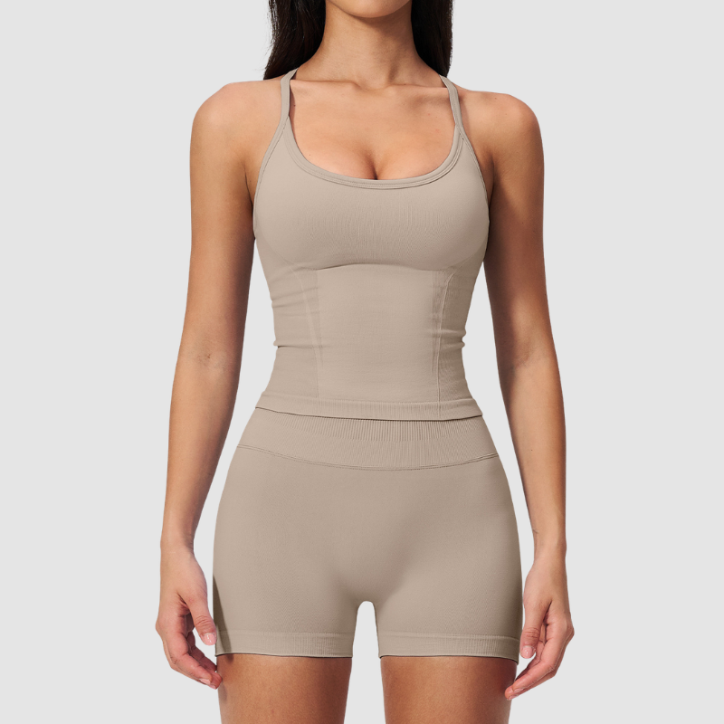 Wholesale Women's Seamless Yoga Set – Open-Back Vest and High-Waist Shorts