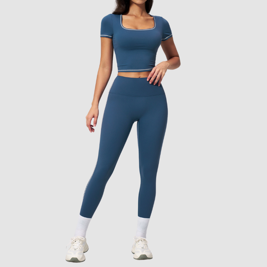 Wholesale Women's Seam-Detail Short Sleeve Crop Top + High-Waist Leggings Set – Butt-Lifting Yoga Gym Activewear