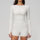 Wholesale Seam-Detail Long-Sleeve Crop Top & High-Waist Biker Shorts Set – Brushed Yoga 2-Piece
