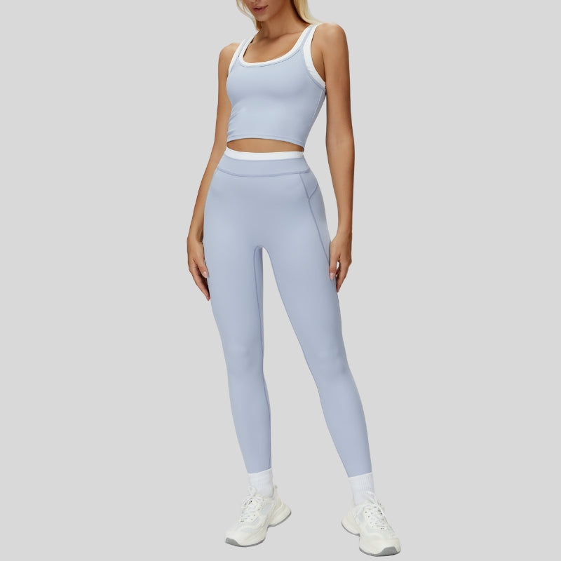 Two-piece contrasting sports tank top+sports leggings 2-piece set