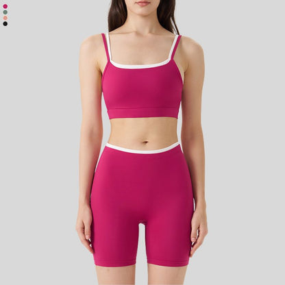 Fake two-piece contrasting color sports bra + shorts