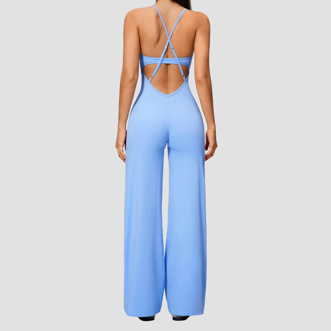 Wholesale Women's Brushed Yoga Jumpsuit – Cross Back Wide-Leg Athletic Bodysuit w/ Chest Pad