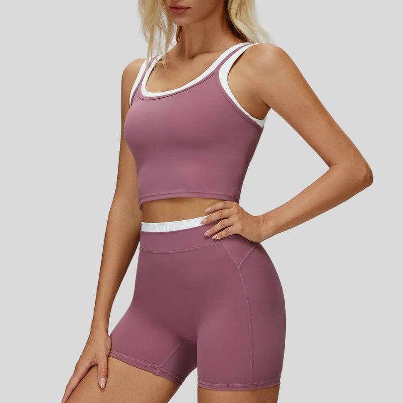 Two-piece contrasting sports tank top+sports shorts 2-piece set