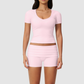 Wholesale short-sleeved tops and high-waisted fold-over shorts sets