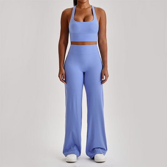 Wholesale Women's Peach Lift High Waist Flare Pants Yoga Set – Cross Back Sports Bra 0258