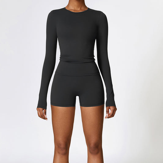 Top de yoga de manga larga cepillada + Shorts de cintura alta de 2 piezas