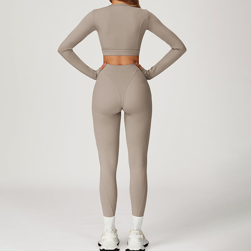 Round-neck long-sleeve high-waist fitted top+HIGH WAIST LEGGINGS 2-PIECE SET