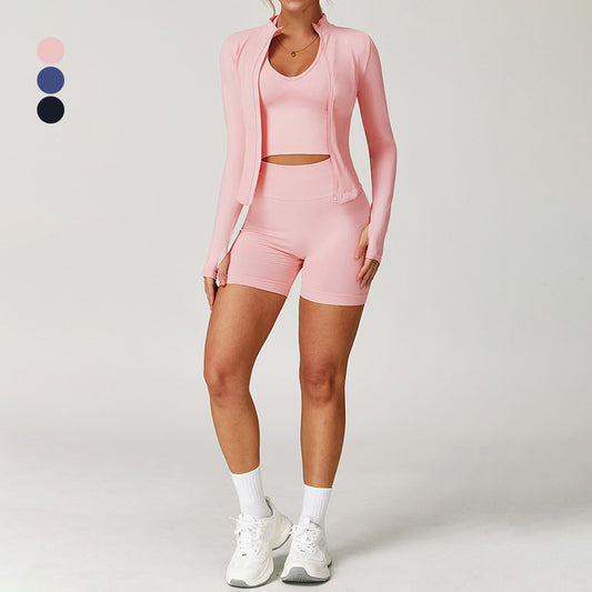 Seamless Yoga Bra + Shorts + Long Sleeve Full Zipper Jacket 3-piece Set