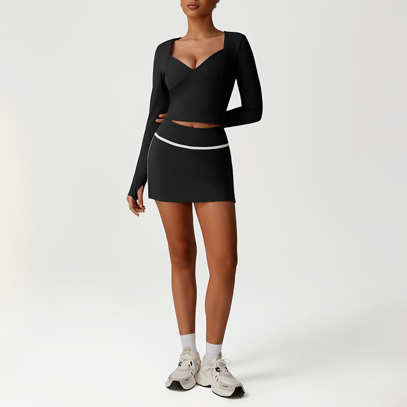 Snug-Fit Low-Cut Long Sleeves + Elastic Waistband Skirt 2-Piece Set