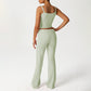 Lace Low-Cut Crop Top + Elastic Ruched Waistband Flared Pants 2-Piece Set