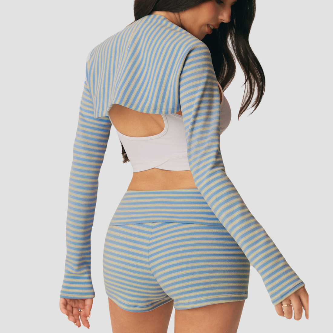 Wholesale Women's Striped Yoga Set – Long Sleeve Shrug & Foldover Shorts
