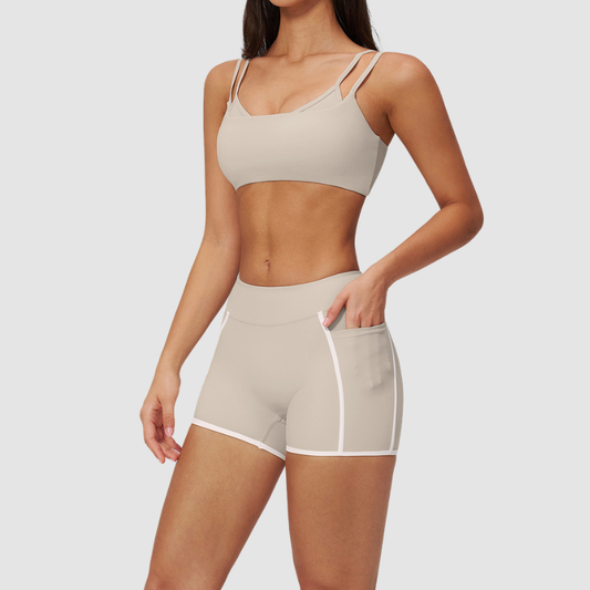 Wholesale Naked-Feel Stripe-Detail Sports Bra & High-Waist Biker Shorts Set – Sculpting Yoga 2-Piece