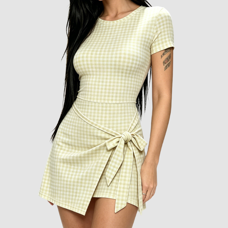Wholesale Women's Plaid Faux Two-Piece Yoga Mini Dress with Built-in Bra