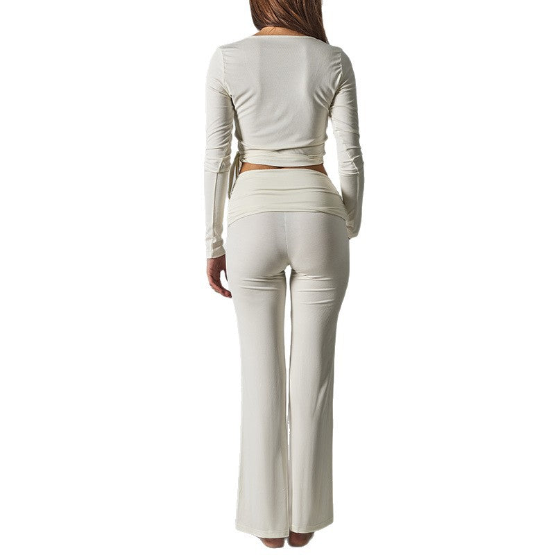 Women's Morday Side Drawstring Yoga Top + High-Waisted Wide-Leg Pants 2-Piece Set