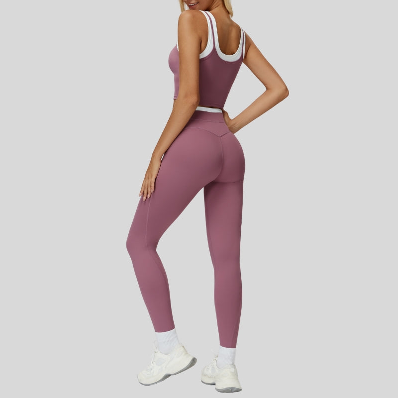 Two-piece contrasting sports tank top+sports leggings 2-piece set