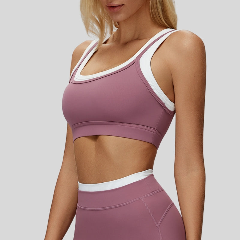 Fake two-piece contrast color stitching sports bra