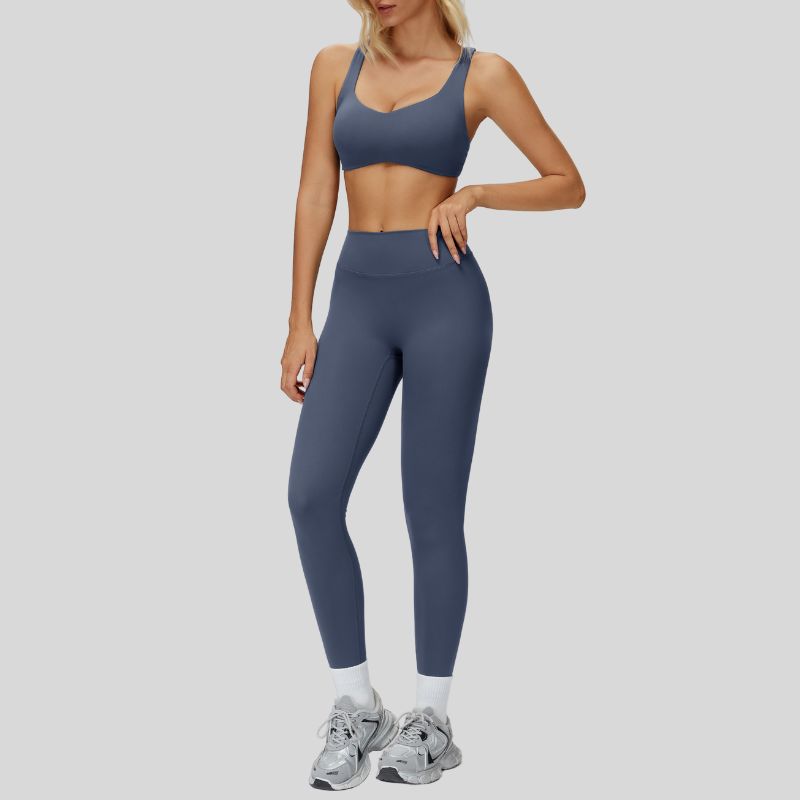 Sports bra with removable bra pads+High-waisted V-neck leggings at the back 2-piece set