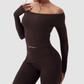 Wholesale off-the-shoulder yoga top + flared pants