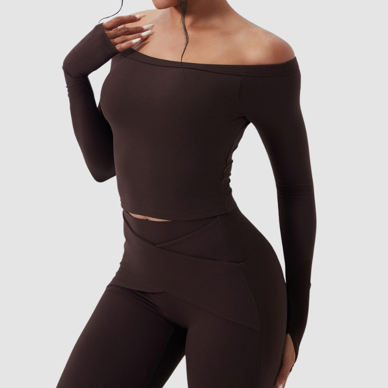 Wholesale off-the-shoulder yoga top + flared pants