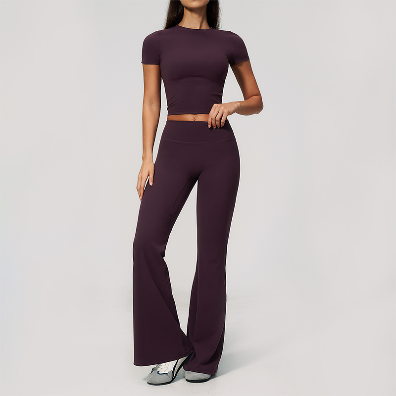 Wholesale Women's Buttery Soft Short Sleeve Crop Top & Flare Pants Yoga Set