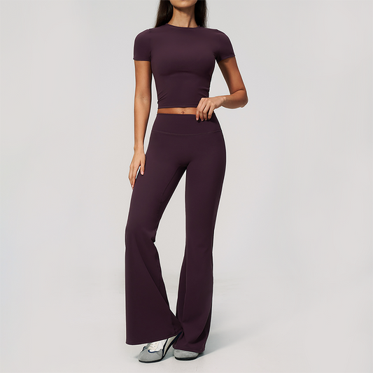 Wholesale Women's Buttery Soft Short Sleeve Crop Top & Flare Pants Yoga Set