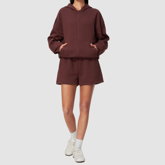 Wholesale Women's Warm Fleece-Lined Zip Up Hoodie & Sweat Shorts Set