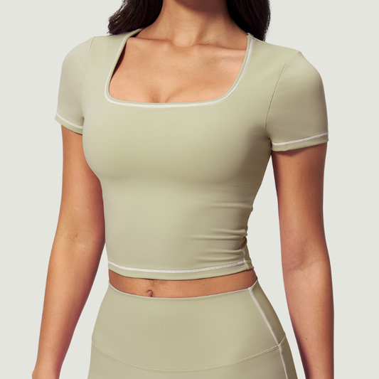 Wholesale Women's Seam-Detail Colorblock Short Sleeve Crop Top – Butt-Lifting Yoga Gym Activewear FDX2036