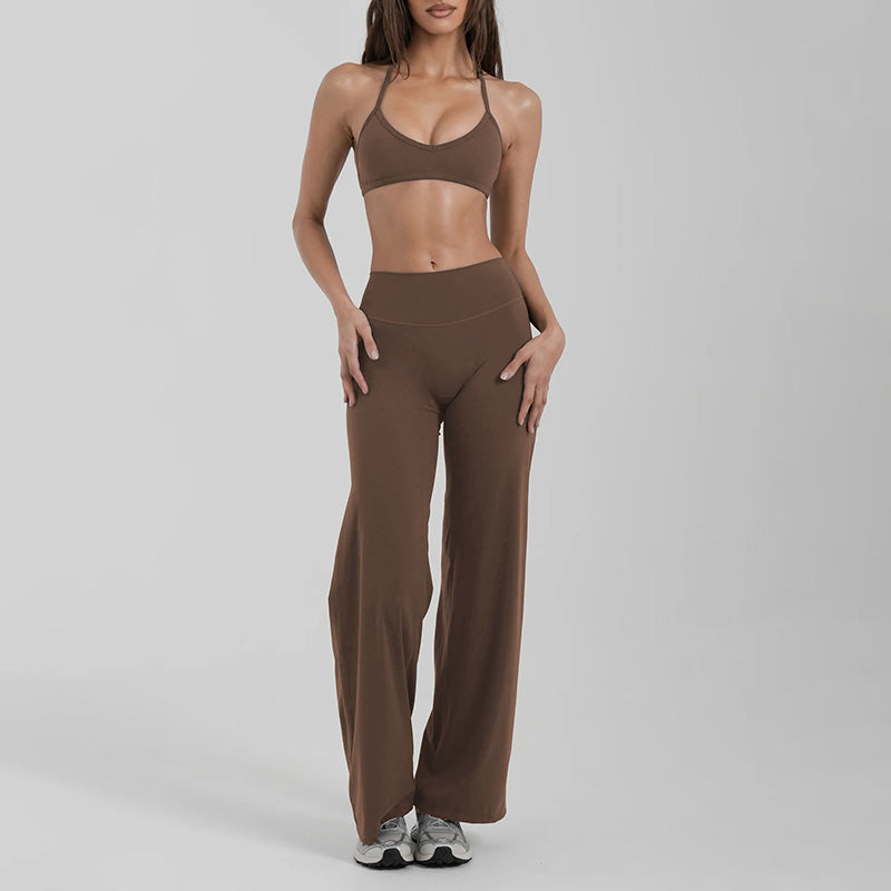 Halter-neck backless bra + loose wide-leg pants 2-piece set