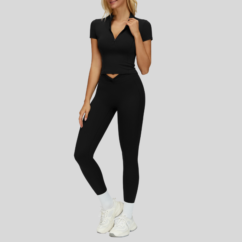 Slim-fit stand-up collar short-sleeved top+Pleated waistband sport leggings 2-piece set