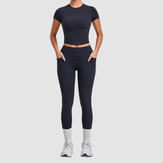 Wholesale Women's Naked-Feel Short Sleeve Top + High-Waist Leggings Set – Peach Lift Yoga Fitness Activewear
