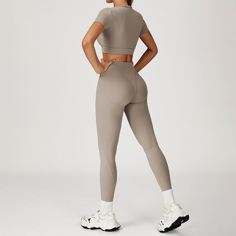 round-neck short sleeve sports crop top+high-waisted leggings set