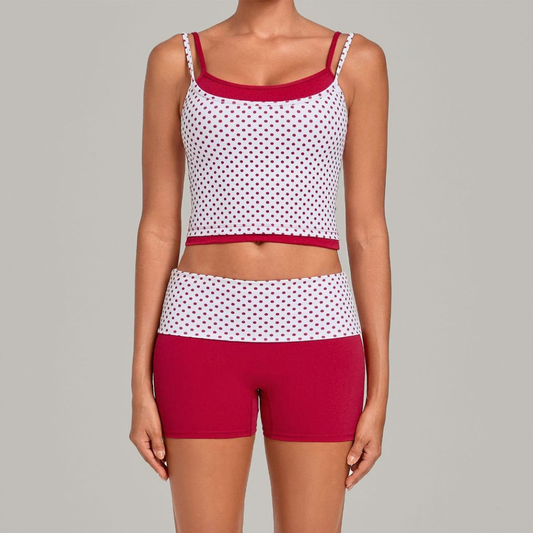 Wholesale Women's Retro Print Double-Strap Yoga Vest+High-waist Shorts Two-Piece Set