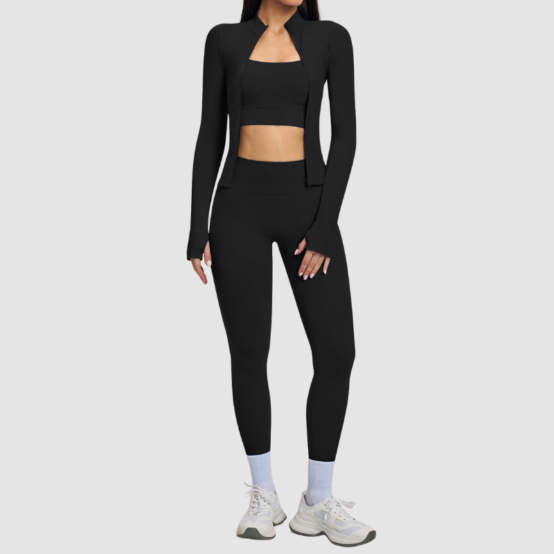 Wholesale Cross Shoulder Strap Bra+Legging+Jacket 3-Piece | Wonderxfans bulk activewear
