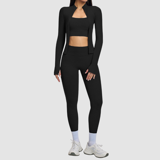 Wholesale Cross Shoulder Strap Bra+Legging+Jacket 3-Piece | Wonderxfans bulk activewear