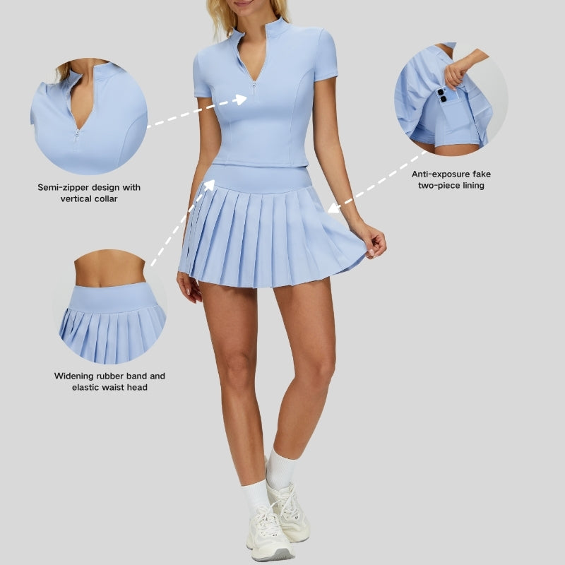 Slim-fit stand-up collar short-sleeved top+Anti-exposure design pleated skirt 2-piece set