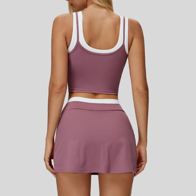 Two-piece contrasting sports tank top + A-line skirt