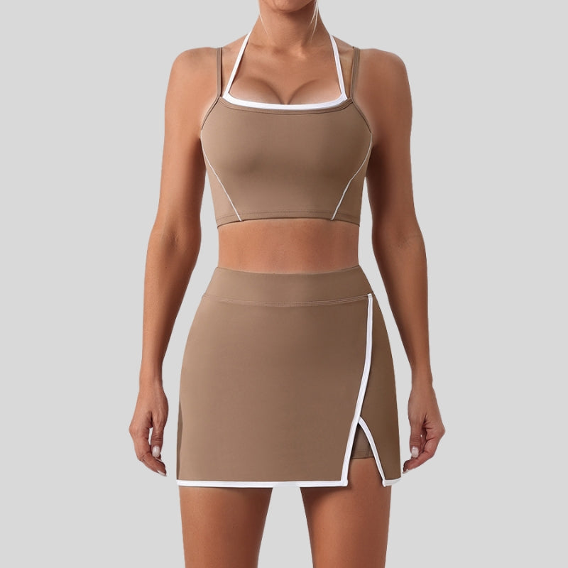 Faux two-piece bra + Faux two-piece A-line skirt 2-piece set
