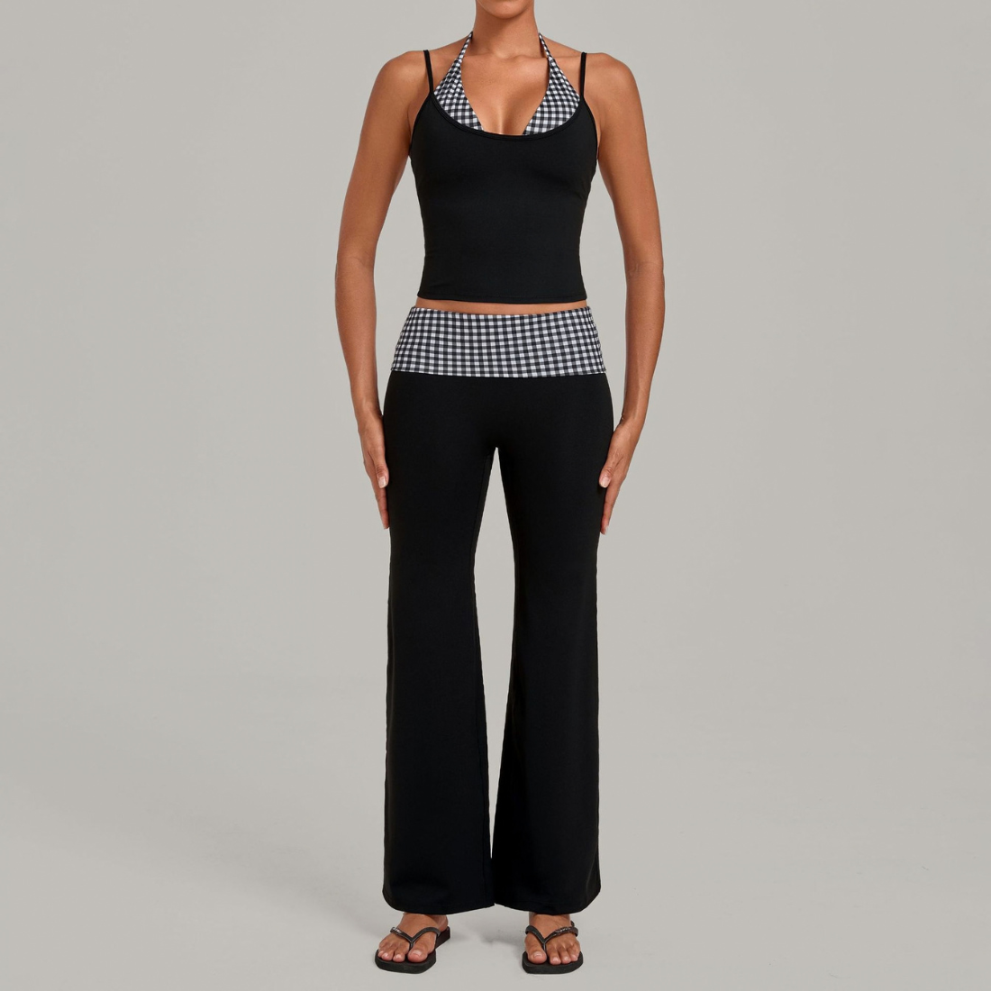 Wholesale Women's Retro Print Yoga Fake Two-Piece Vest+Flared-Leg Pants Set