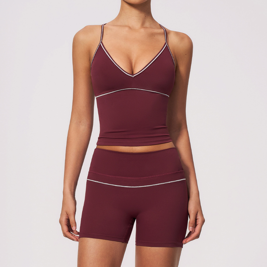 Wholesale Women's Brushed Yoga Set: Halter V-Neck Bra & Shorts – Colorblock Quick-Dry