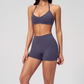 Wholesale Women's Halter Neck Sports Bra & High-Waist Booty Shorts Set – Seam-Detail Quick-Dry 2-Piece Yoga Set