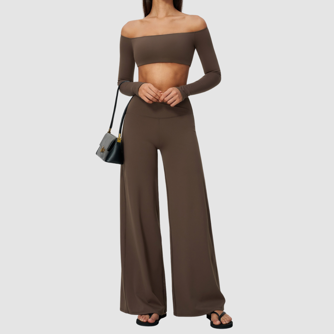 Wholesale Women's Long-Sleeve Tops + Wide-Leg Pants Fitness Two-Piece Set