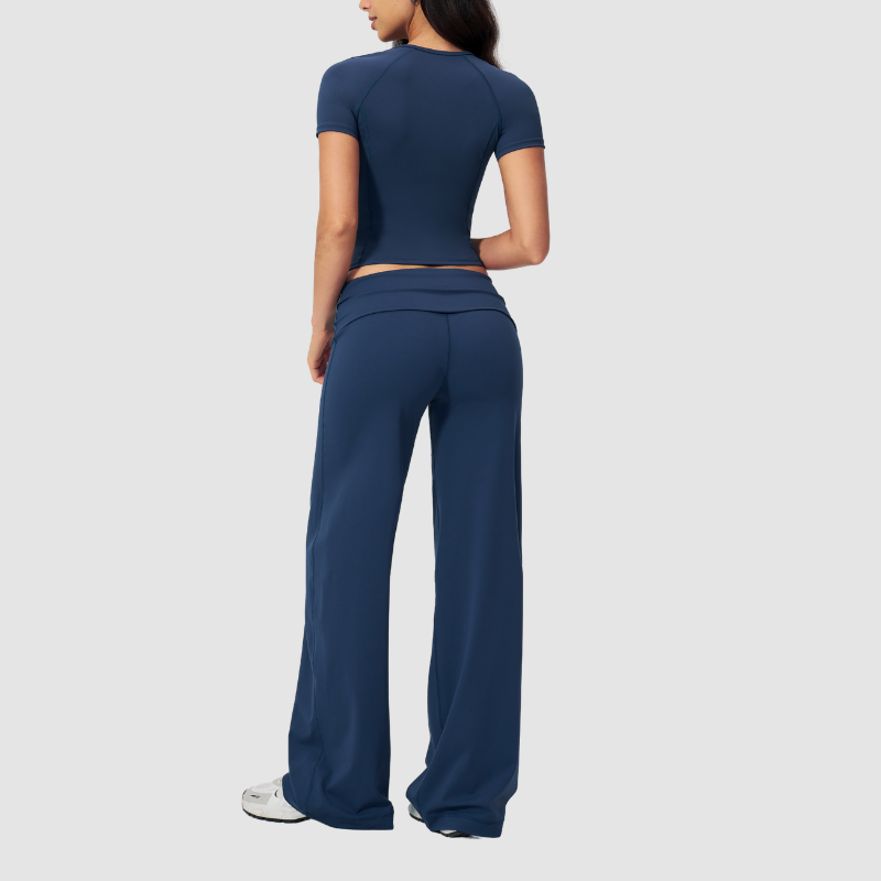 Wholesale Seam-Detail Cropped T-Shirt & Folding waist Flare Leggings Set
