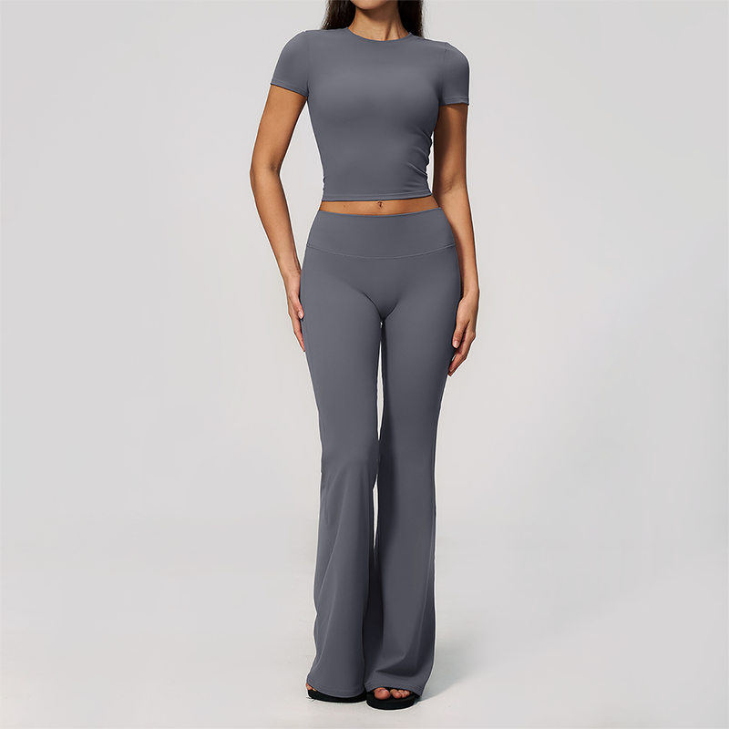 Wholesale Women's Buttery Soft Short Sleeve Crop Top & Flare Pants Yoga Set