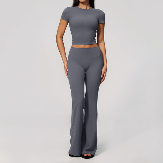 Wholesale Women's Buttery Soft Short Sleeve Crop Top & Flare Pants Yoga Set