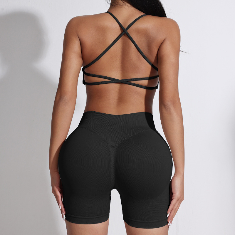 Belas femininas Strap Sport Bra + Yoga Shorts Conjunto de duas peças