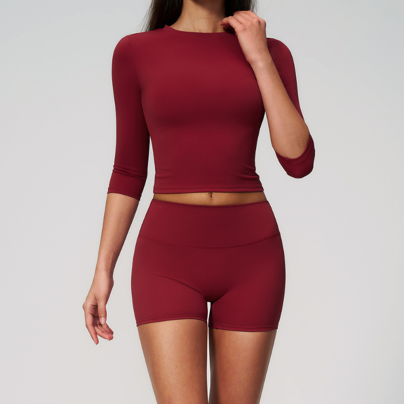 Wholesale Women's 3/4 Sleeve Crop Top & Biker Shorts Set – Seamless Yoga Activewear