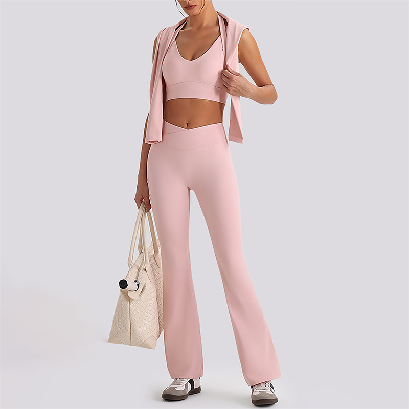 Wholesale Women's Open-Back Long Sleeve Crop Top & High Waist Leggings Set with Chest Pad