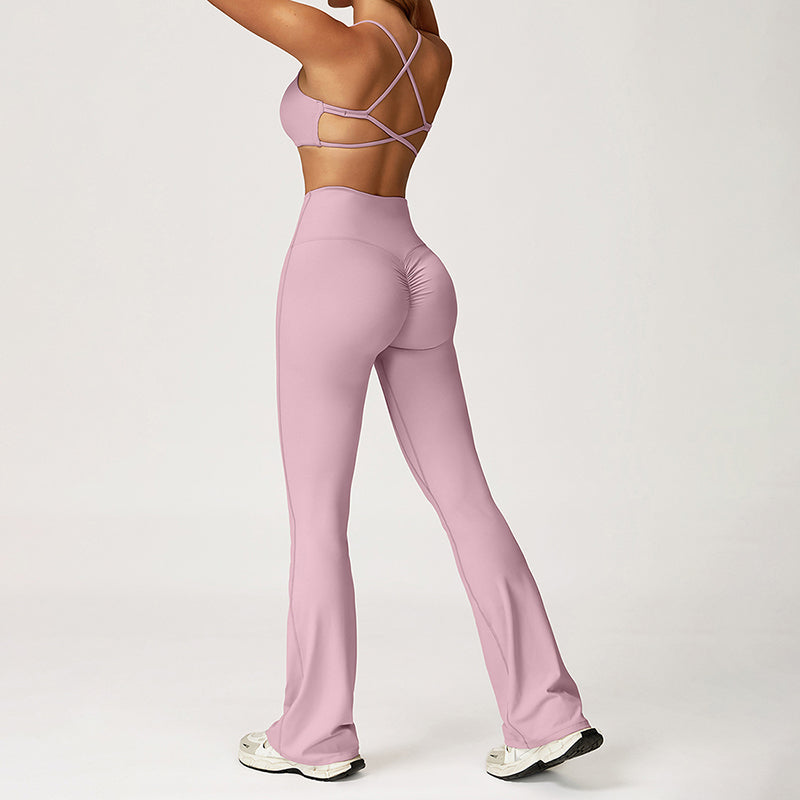 Cross-Back Sports Bra + Flared Leg Pants 2-Piece Set
